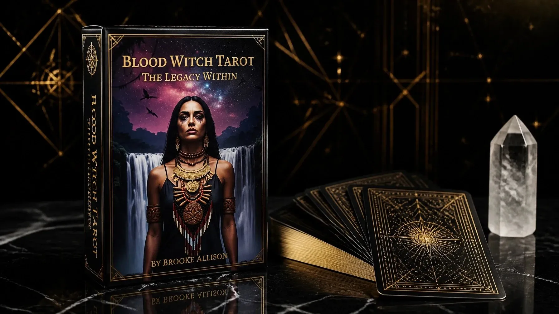 Blood Witch Tarot deck and fanned cards on a dark marble surface