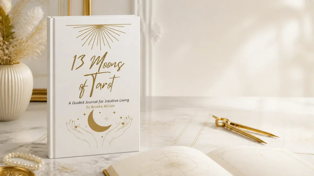 The 13 Moons of Tarot journal, gold drafting tools, and an open journal arranged on a marble desk