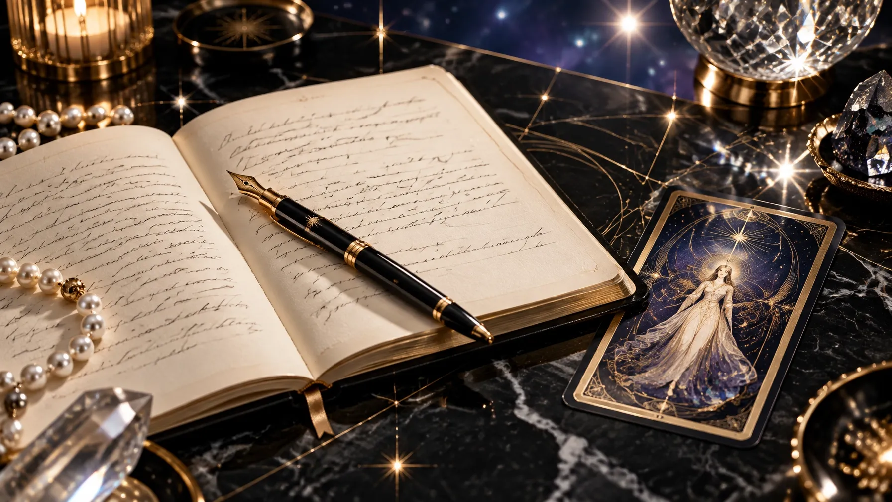 Open journal page with fountain pen and a pulled tarot card on a dark marble surface