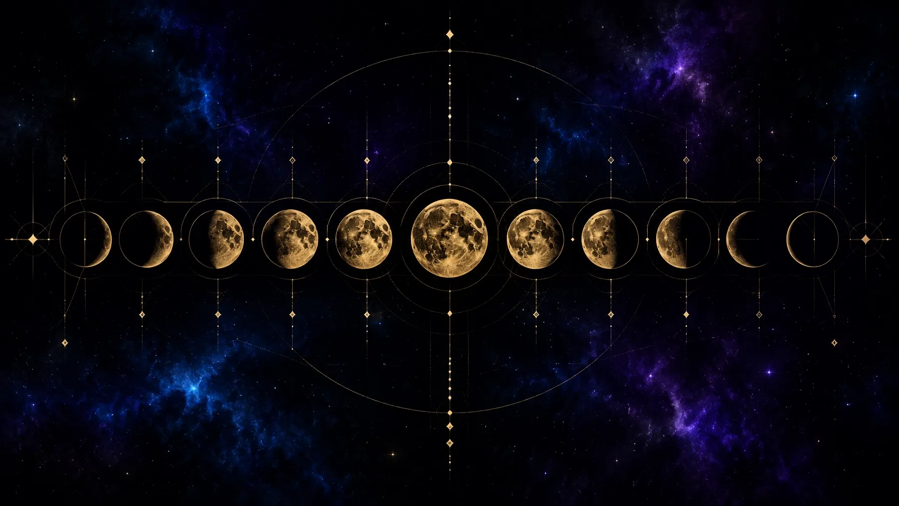 Thirteen moon phases rendered as fine gold line-work across a near-black cosmic background