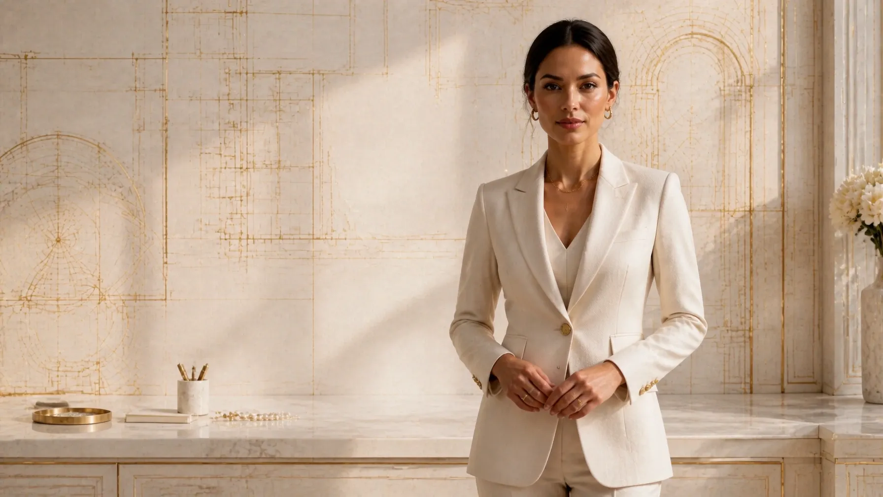 Poised executive woman in a cream tailored suit standing before gold architectural blueprints