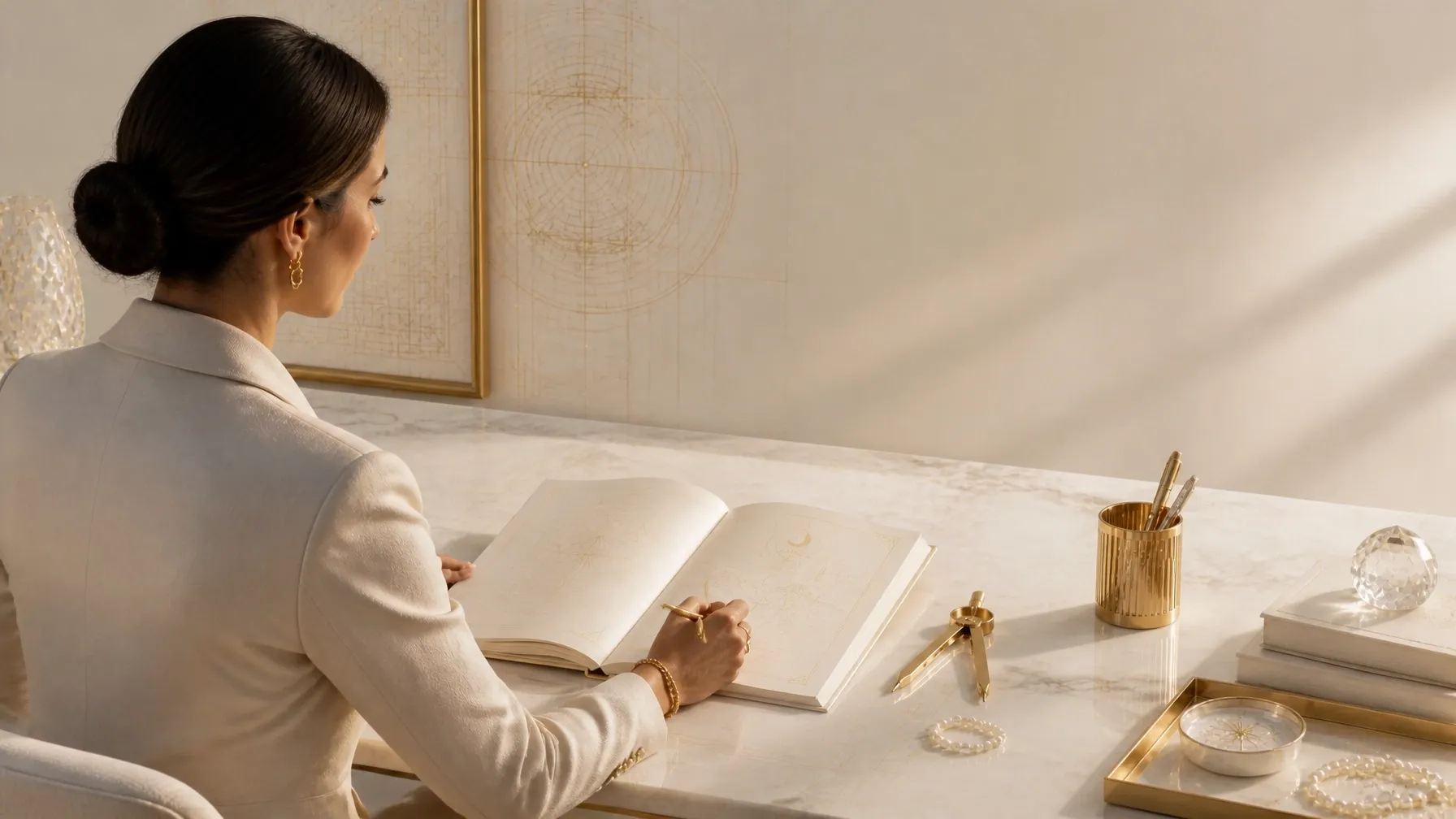 Executive woman seated at a marble desk, studying an open blueprint journal with drafting tools