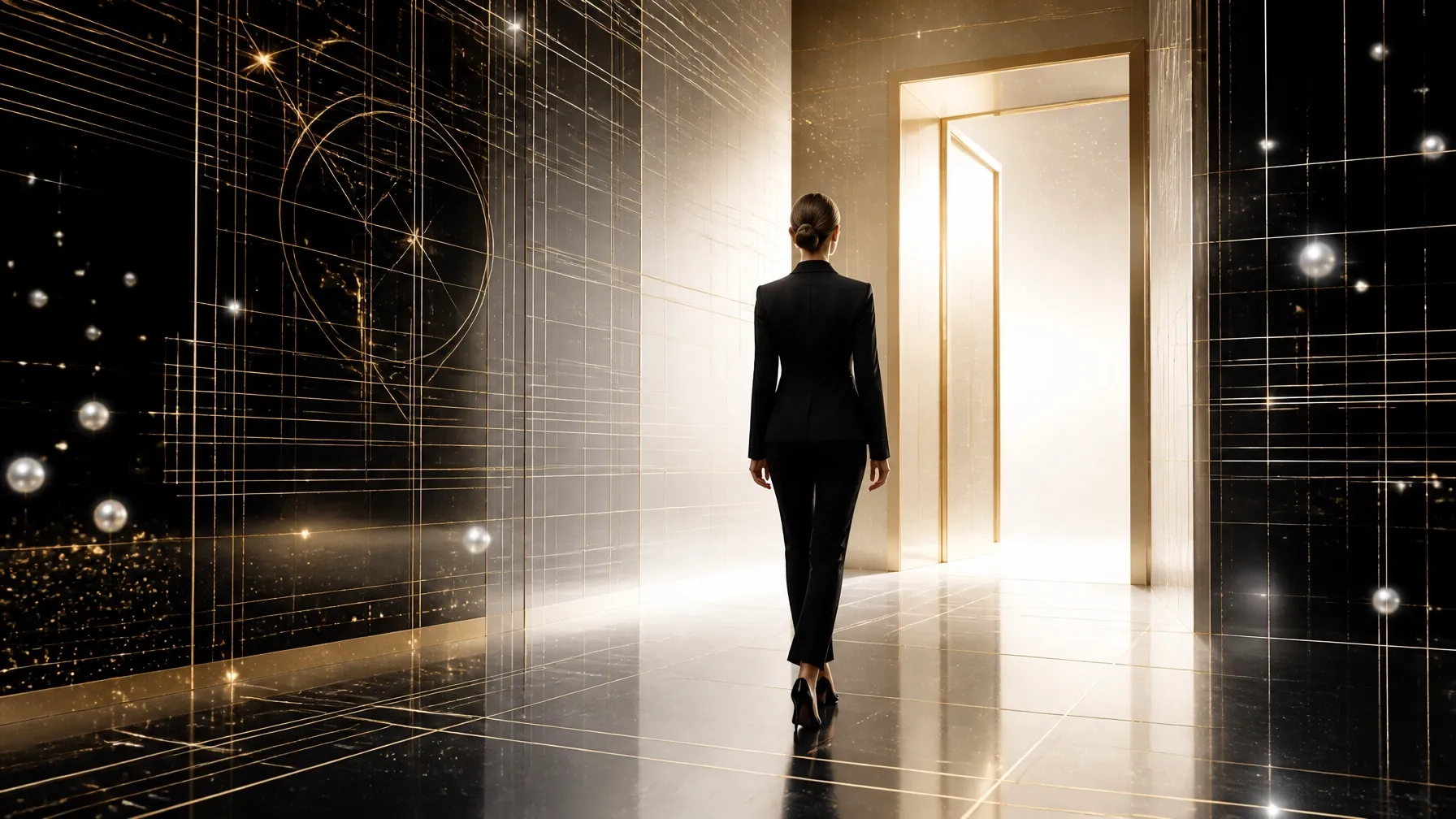 Confident woman in a black suit moving through a luminous architectural blueprint corridor toward a clear doorway