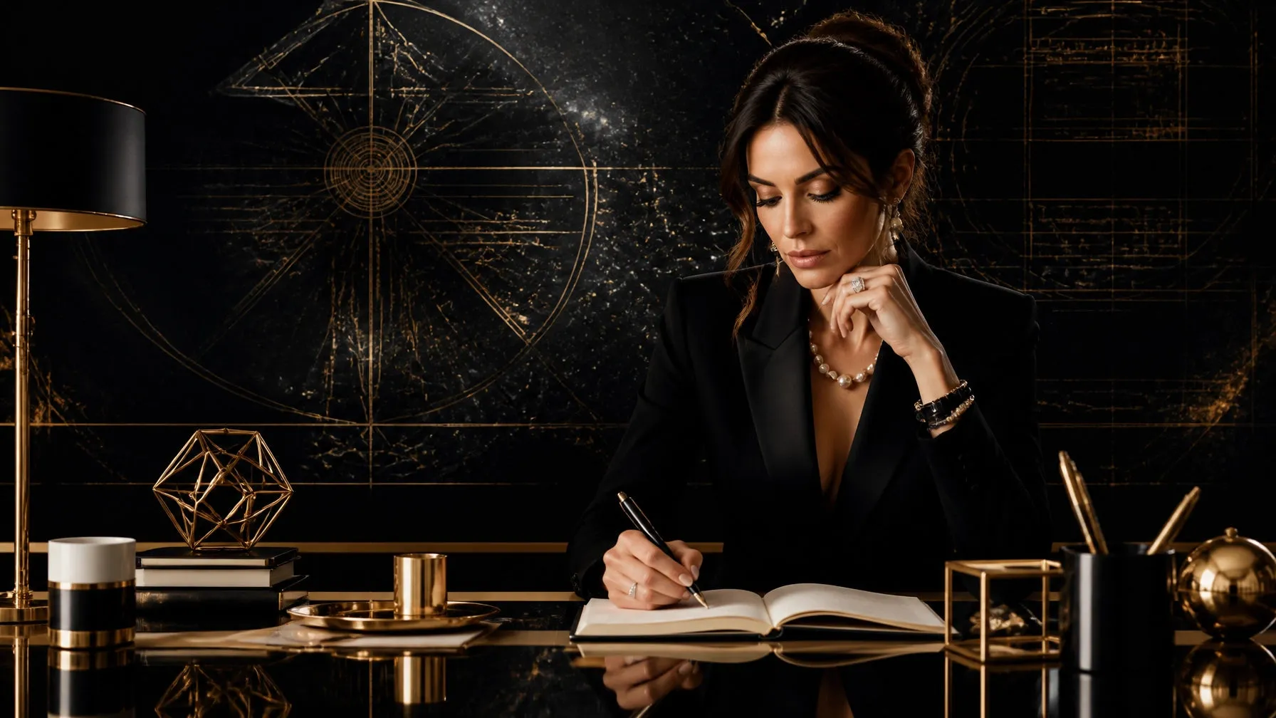 Confident woman in a black executive blazer writing in a refined journal at a black-and-gold desk with architectural blueprint lines