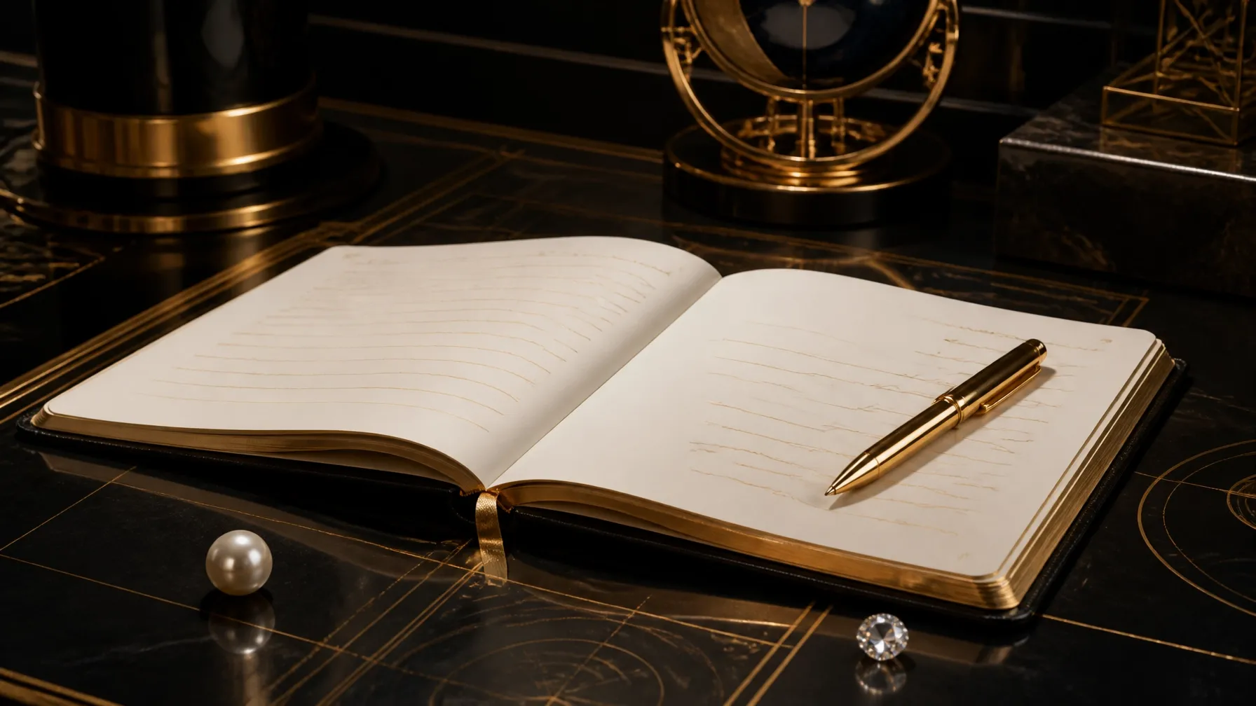 Open journal with gold pen, pearl, and structured blueprint markings on a black lacquer desk