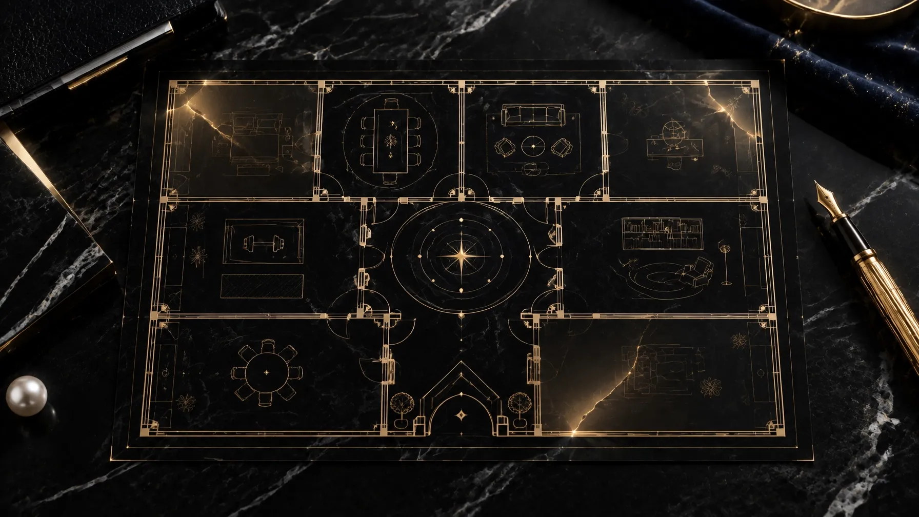 Dark architectural plan with eleven refined compartments, subtle breaks, a gold drafting pen, and a pearl