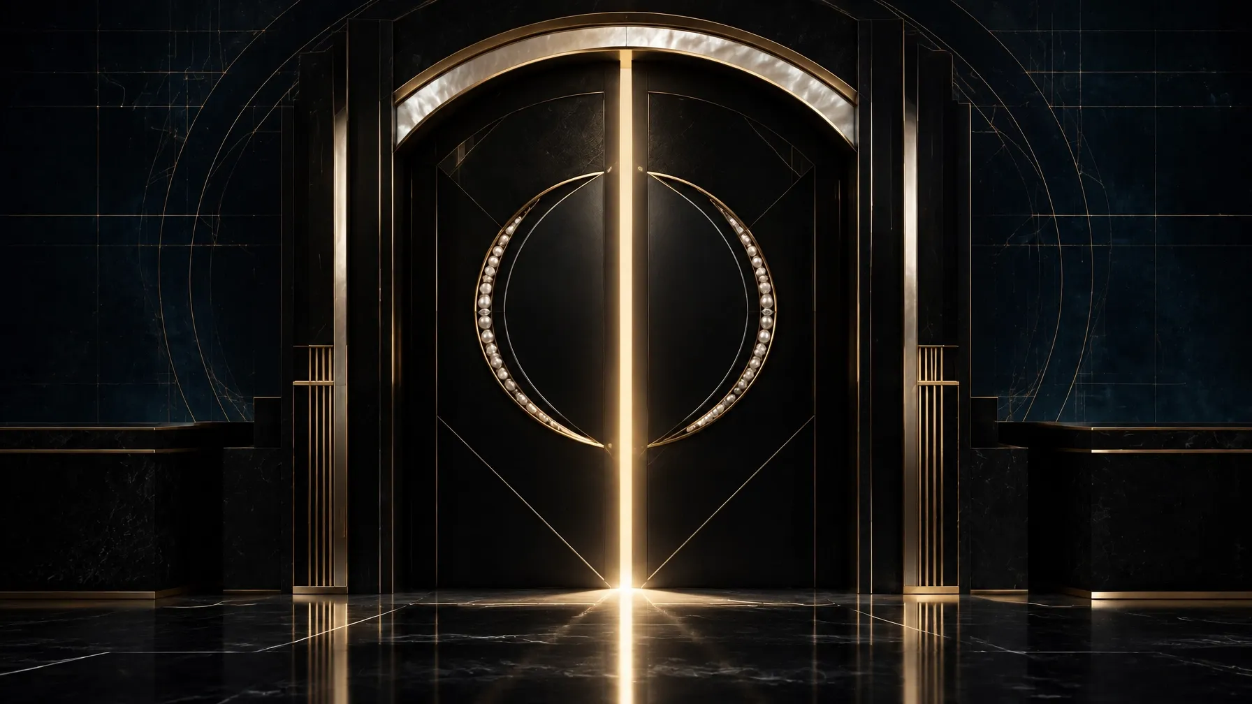 Closed black-and-gold architectural doorway with a narrow controlled beam of champagne light and subtle blueprint lines