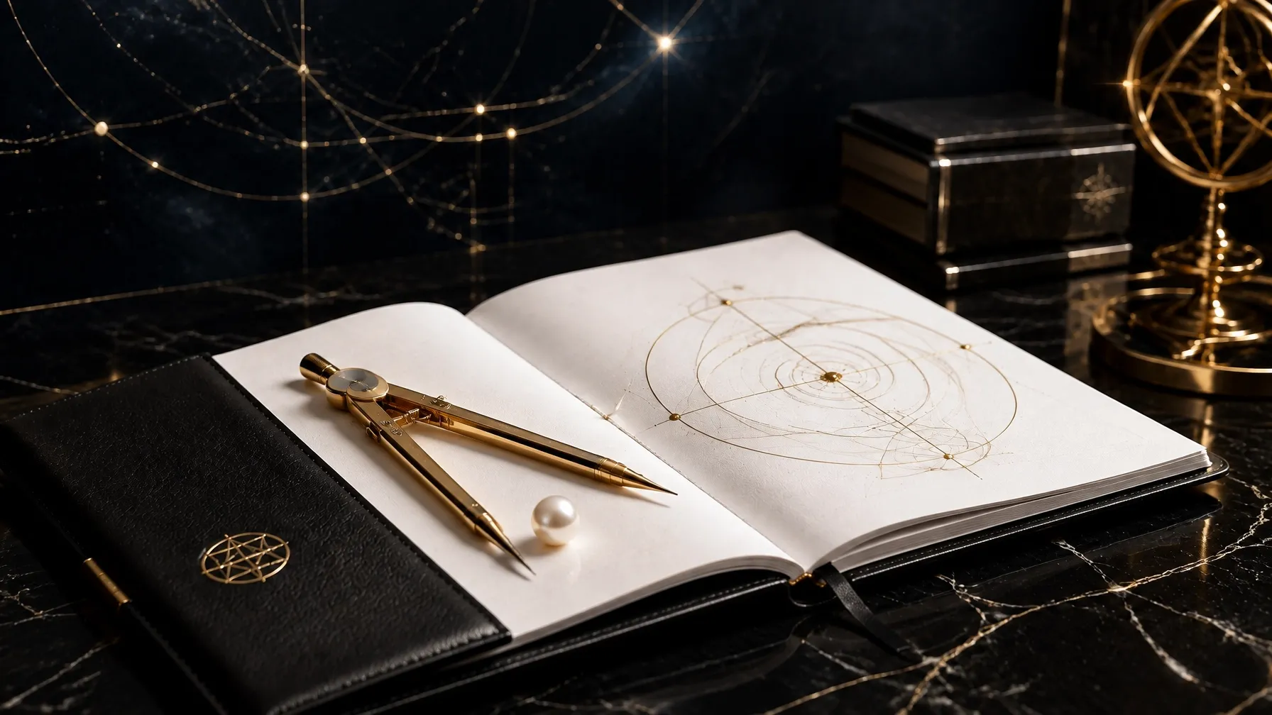 Black leather executive ledger beside a gold drafting compass and pearl, showing a closed-loop architectural diagram