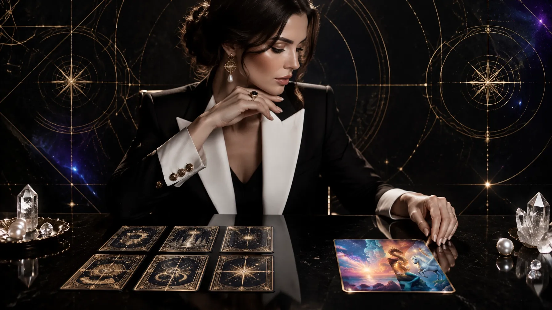 A woman in elegant black-and-white executive attire considers a tarot spread alongside a single oracle card against a dark, gold-geometric backdrop