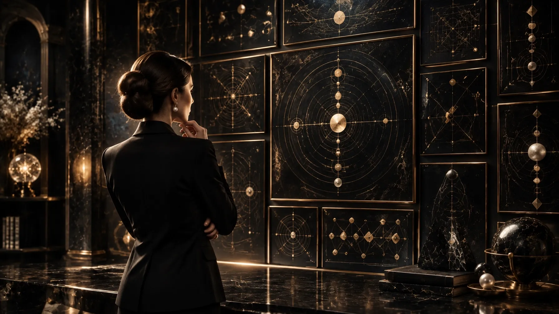 A woman in a sleek black suit studies abstract gold blueprint panels and connected geometric nodes in a quiet architectural archive