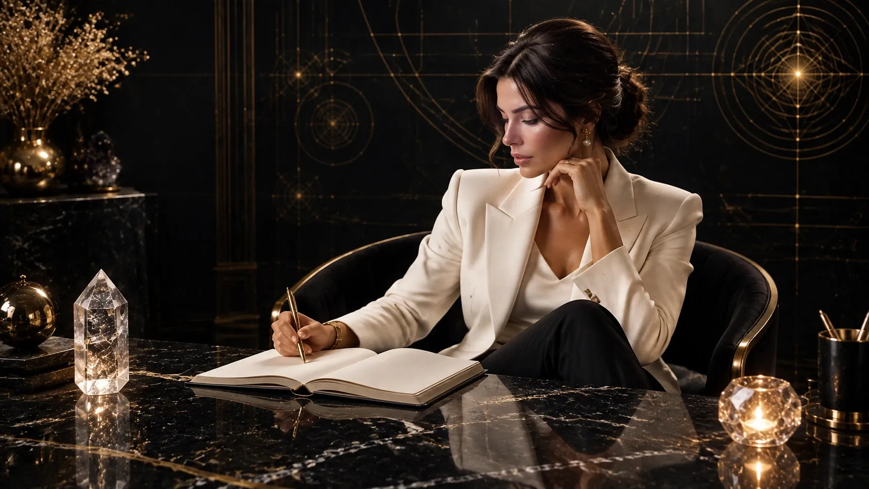 A poised woman in executive attire reflecting over a blank journal at a black marble desk surrounded by gold architectural blueprint lines