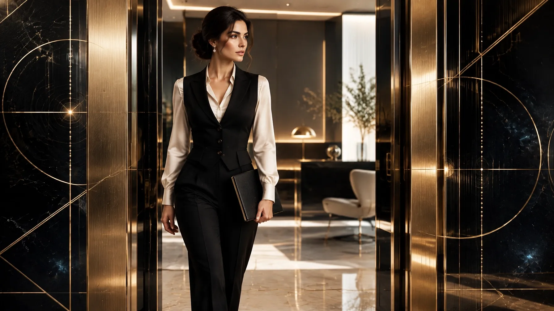 A decisive woman in a white blouse and black vest walks through a brushed-gold architectural doorway with a blank journal in hand