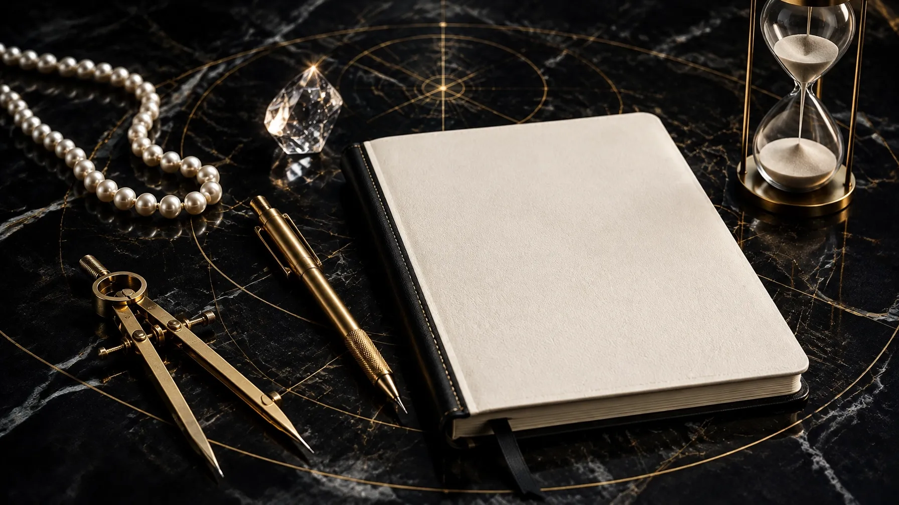 An elegant executive workspace with a blank journal, gold pencil, architectural compass, pearls, and blueprint geometry on black marble