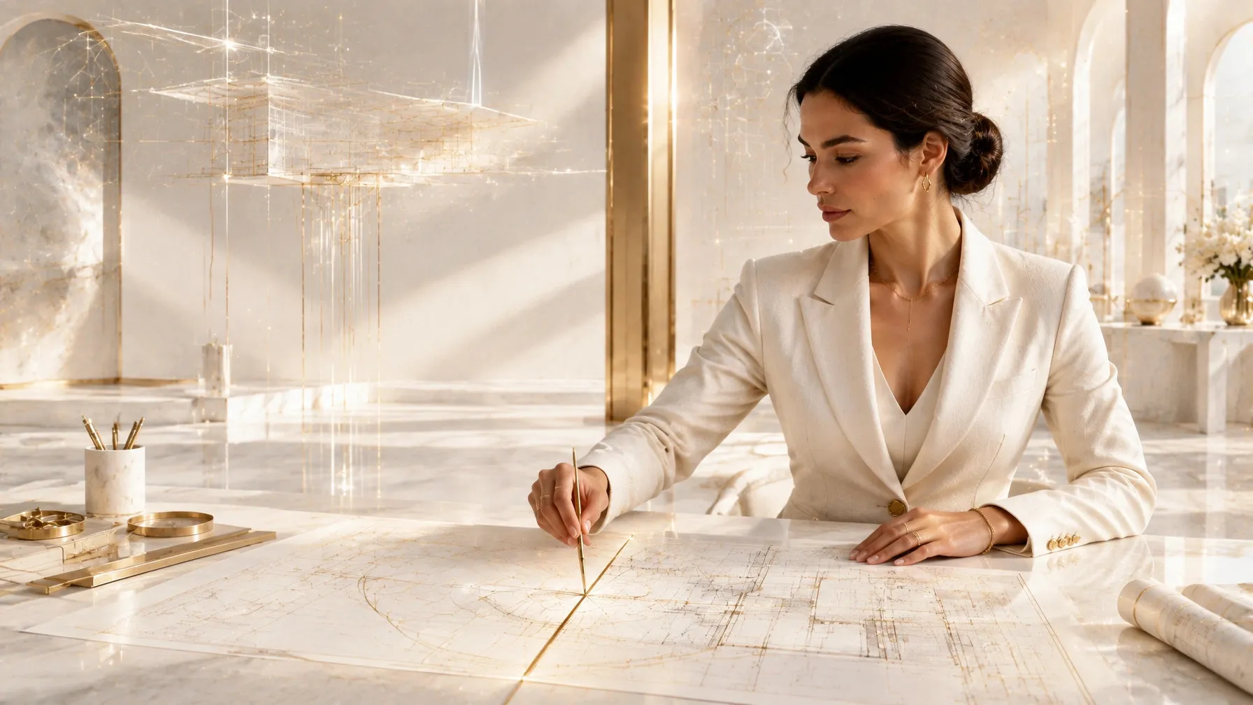 A poised executive woman in an ivory blazer working with luminous architectural blueprint lines in a champagne and gold interior
