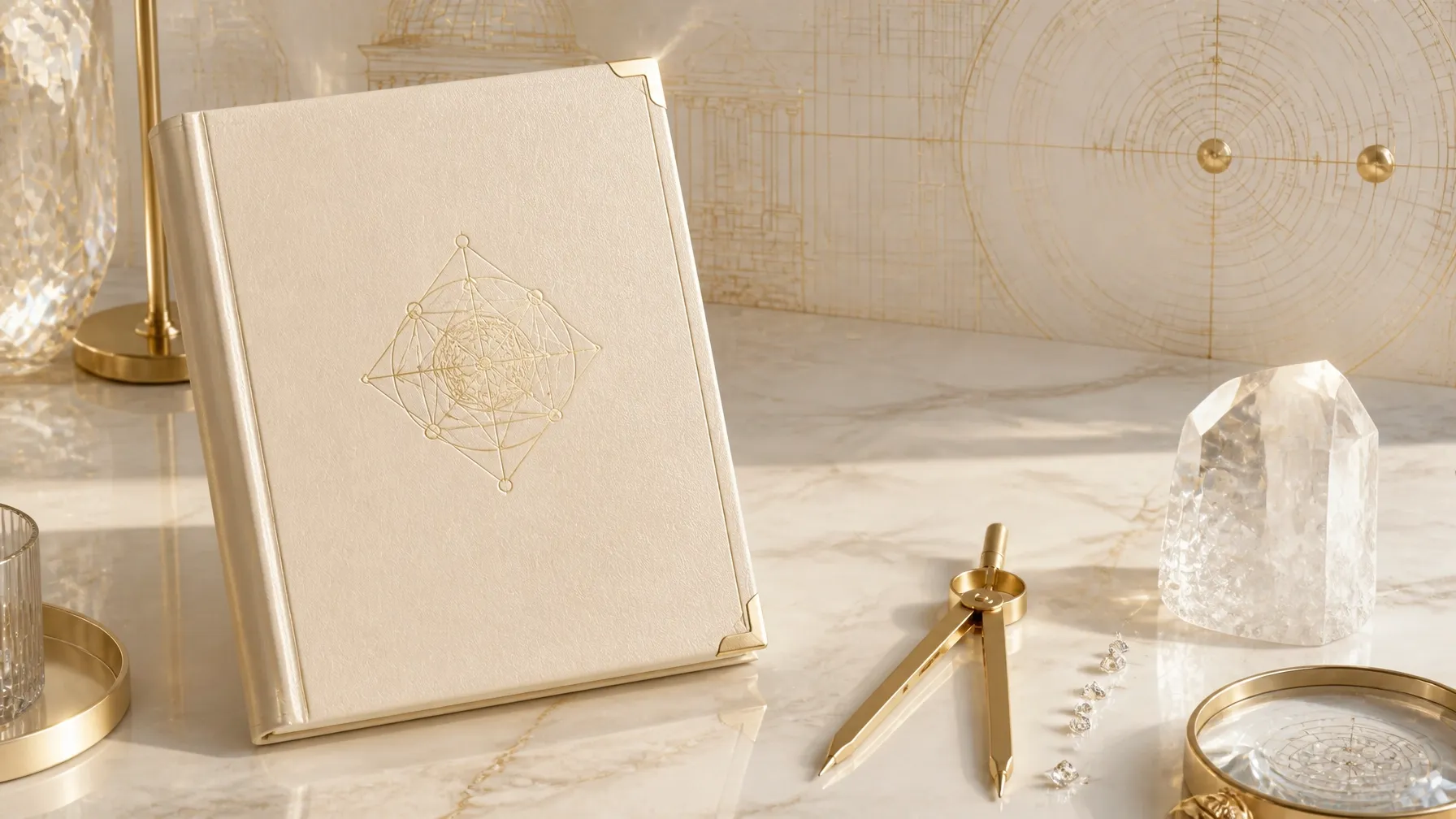 A champagne-toned journal, drafting tools, pearl accents, and gold geometric blueprint details on a quiet-luxury desk