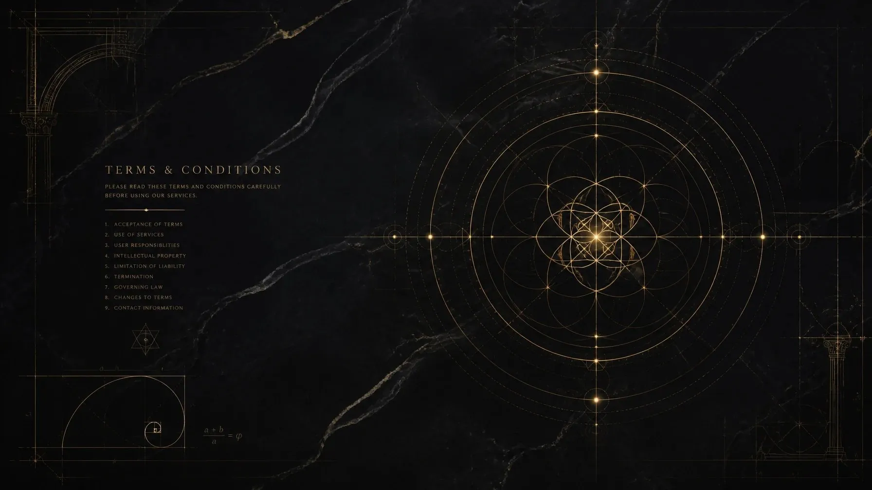 Terms and conditions artwork with gold geometric lines on dark marble